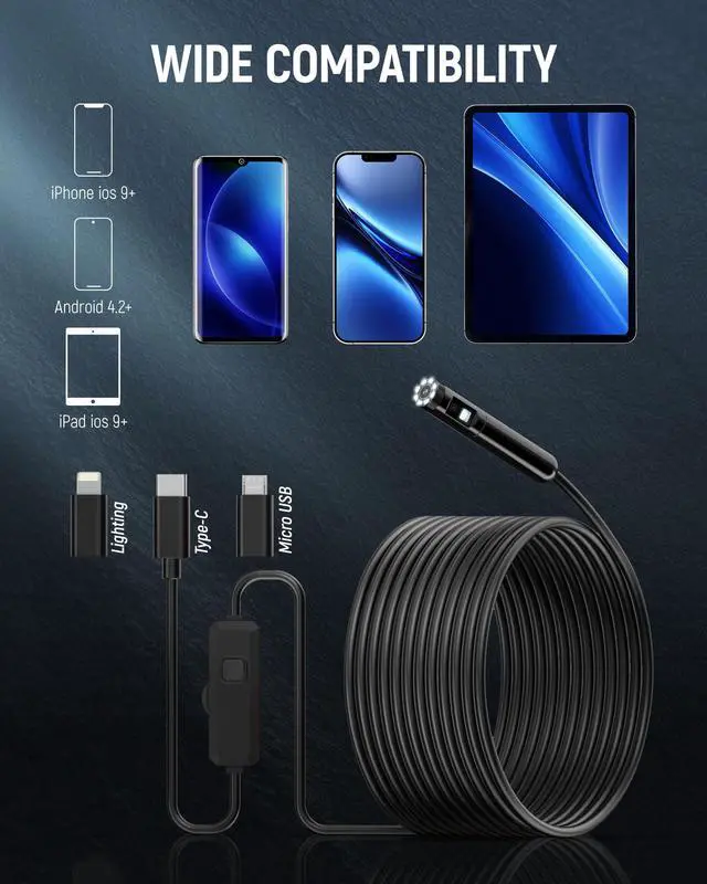 Alt view image 6 of 7 - Endoscope Camera with Light, 1920P HD Borescope with 8 Adjustable LED Lights, IP67 Waterproof Inspection Borescope,16.5ft Semi-Rigid Snake Camera for iOS and Android - Double Lens