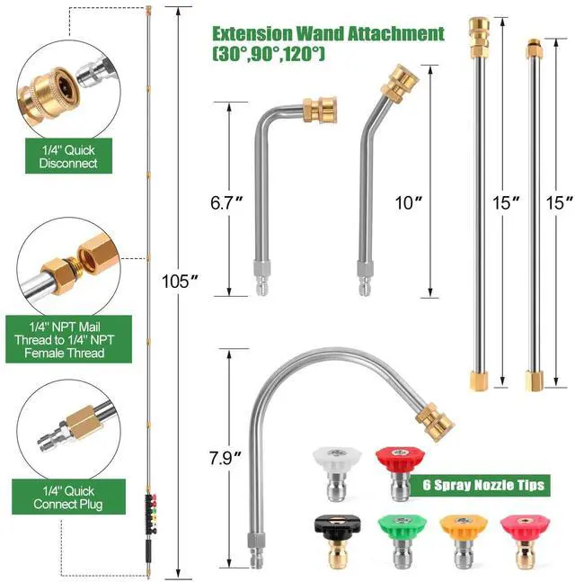 Alt view image 4 of 6 - Gutter Cleaning Tools From the Ground, 10 Pack 9 FT Pressure Washer Extension Wand, Power Washer Lance With 6 Pressure Washer Spray Nozzle Tips, 30°, 90°, 120° Gutter Cleaner Curved Rod, 4000 PSI
