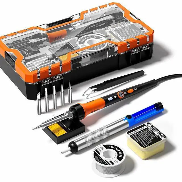 Main image of Soldering Iron Premium Kit, 60W Soldering Gun with Ceramic Heater, 12-in-1 Soldering Tool, Adjustable Temperature 200 to 450°C, Includes Soldering Iron Tip, Solder Wire, Pump and Paste
