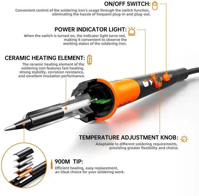 Alt view image 2 of 6 - Soldering Iron Premium Kit, 60W Soldering Gun with Ceramic Heater, 12-in-1 Soldering Tool, Adjustable Temperature 200 to 450°C, Includes Soldering Iron Tip, Solder Wire, Pump and Paste
