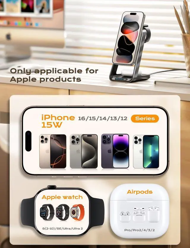 Alt view image 5 of 7 - 3 in 1 Charging Station with Cooling Fan, Wireless Charging Station for Multiple Devices, Magsafe Wireless Charger Stand for iPhone 16 15 14 13 12, Apple Watch Charger 10 Ultra 2, AirPods 4 3 Pro 2