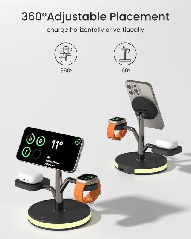 Alt view image 3 of 7 - 3 in 1 Charging Station for Apple Devices, Fast Charging Magsafe Charger Stand with LED Light and 20W PD Adapter, Wireless Nightstand Charger for iPhone17/16/15/14/13/12 Series,AirPods,iWatch and More