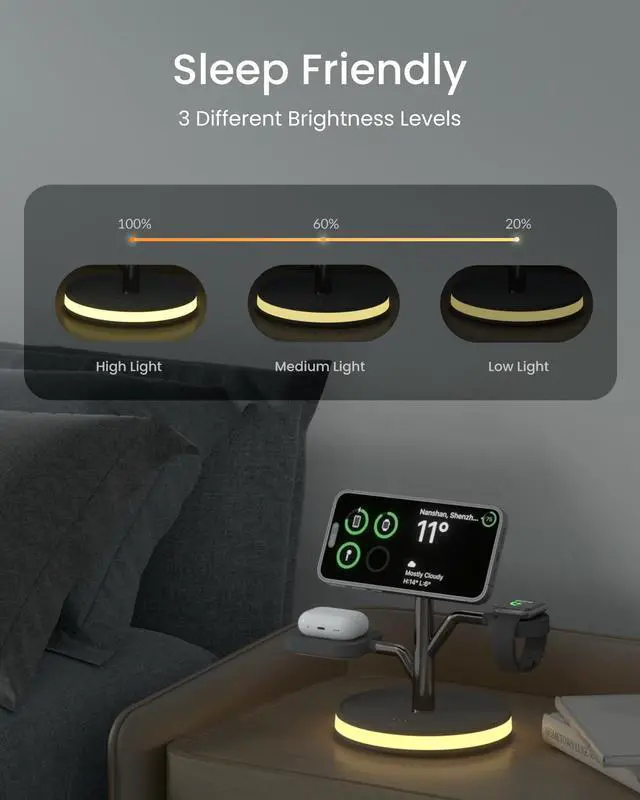 Alt view image 5 of 7 - 3 in 1 Charging Station for Apple Devices, Fast Charging Magsafe Charger Stand with LED Light and 20W PD Adapter, Wireless Nightstand Charger for iPhone17/16/15/14/13/12 Series,AirPods,iWatch and More
