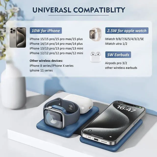 Alt view image 2 of 7 - Wireless Charger iPhone - 3 in 1 Charging Station for Apple Devices for iPhone 16 15 14 13 12 Pro Max Plus - Foldable Magnetic Charging Pad for Apple Watch Series & Airpods Series