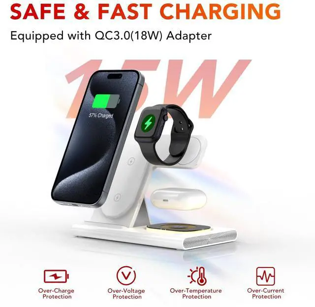 Alt view image 5 of 7 - 3 in 1 Foldable Charging Station for Apple Products,Fast Wireless Charger Travel Dock Adapter&Light for iPhone 16/15/14/13/12/11/X/XS,for iWatch 10/9/8/7/Ultra2/Ultra/SE,for AirPods 4/3/2/Pro/2(White)