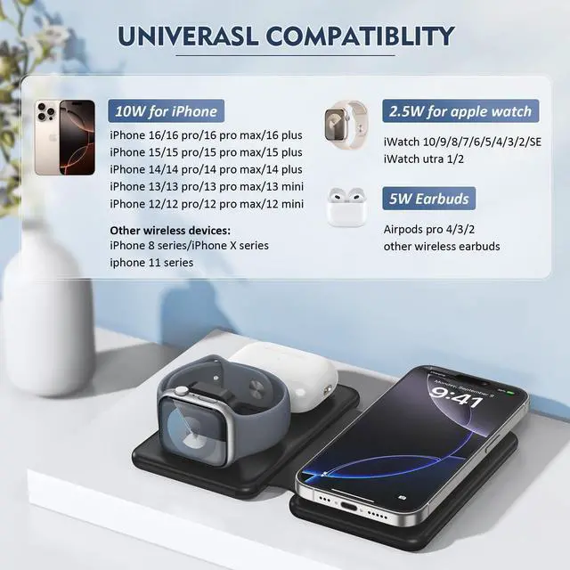 Alt view image 2 of 7 - Wireless Charger iPhone - 3 in 1 Charging Station for Apple Devices for iPhone 16 15 14 13 12 Pro Max Plus - Foldable Magnetic Charging Pad for Apple Watch Series & Airpods Series
