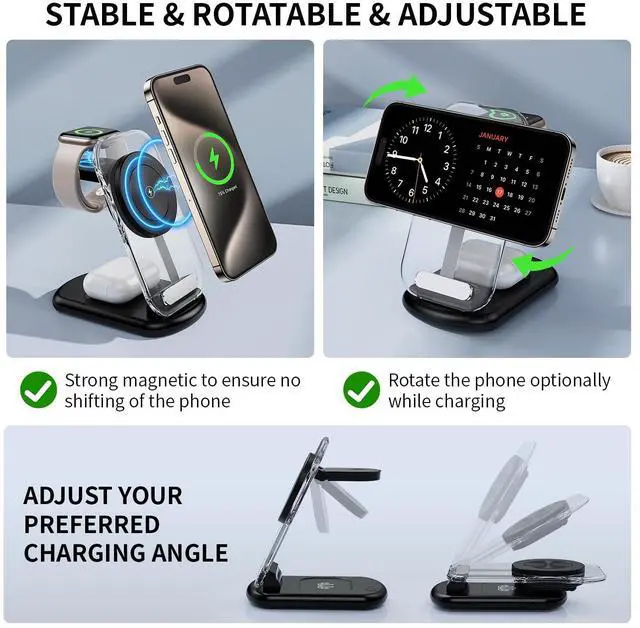 Alt view image 5 of 6 - 2025 Traveling Wireless Mag-safe Fast Charging Station,Magnetic 3 in 1 Charger with Light for iPhone 16 15 14 13 12 Pro Max Plus,Apple Watch Series & Air pods 4 3 2 Pro-Gifts for Wife & Husband(Black)