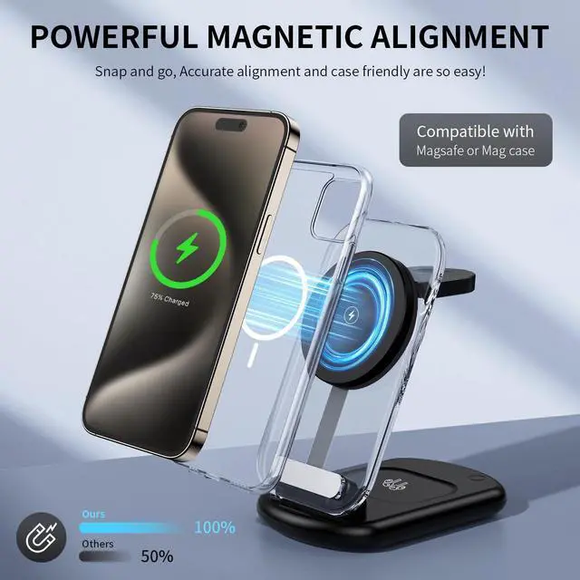 Alt view image 6 of 6 - 2025 Traveling Wireless Mag-safe Fast Charging Station,Magnetic 3 in 1 Charger with Light for iPhone 16 15 14 13 12 Pro Max Plus,Apple Watch Series & Air pods 4 3 2 Pro-Gifts for Wife & Husband(Black)
