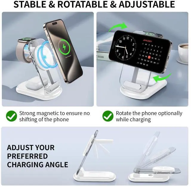 Alt view image 5 of 6 - 2025 Traveling Wireless Mag-safe Fast Charging Station,Magnetic 3 in 1 Charger with Light for iPhone 16 15 14 13 12 Pro Max Plus,Apple Watch Series & Air pods 4 3 2 Pro-Gifts for Wife & Husband(White)