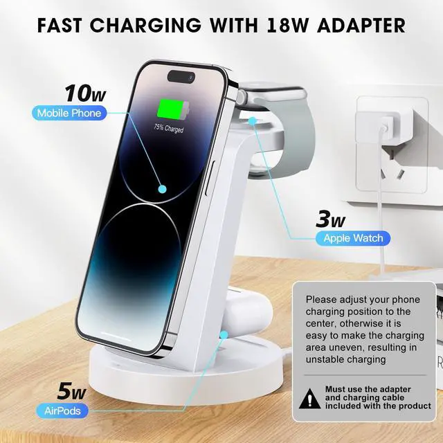 Alt view image 4 of 7 - 3 in 1 Charging Station for iPhone - Wireless Charger for Apple Products Multiple Devices - Charging Dock Stand for AirPods (for iPhone 16e 16 15 14 13 pro 12 11 X Max)