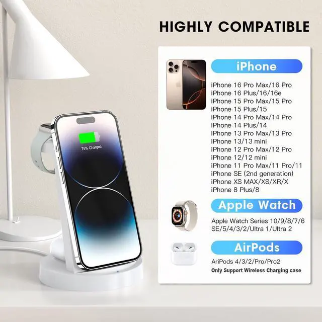Alt view image 5 of 7 - 3 in 1 Charging Station for iPhone - Wireless Charger for Apple Products Multiple Devices - Charging Dock Stand for AirPods (for iPhone 16e 16 15 14 13 pro 12 11 X Max)