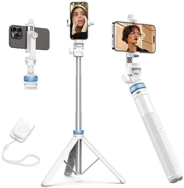 Main image of Kaiess 62" Phone Tripod & Selfie Stick, Extendable Photography Light Stand with Wireless Remote, Solidest, Portable, Lightweight, Compatible with iPhone/Android Phone (White)