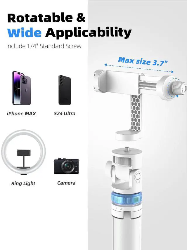 Alt view image 5 of 6 - Kaiess 62" Phone Tripod & Selfie Stick, Extendable Photography Light Stand with Wireless Remote, Solidest, Portable, Lightweight, Compatible with iPhone/Android Phone (White)