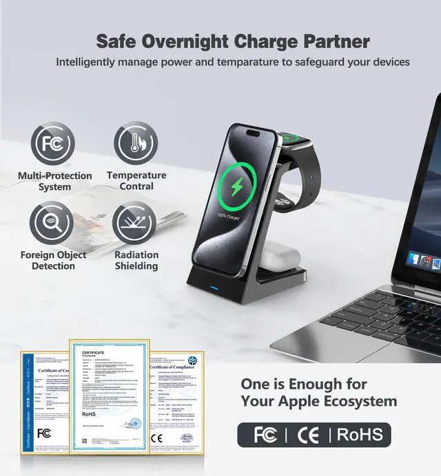 Alt view image 4 of 7 - 3 in 1 Magnetic Wireless Charging Station Apple 20W Charger Stand Magnetic Wireless Charger for iPhone 16 15 14 13 12 Pro/Pro Max/Plus/Mini AirPods 2/3/Pro iWatch Ultra/8/7/SE/6/5/4/3/2 (3 in 1)