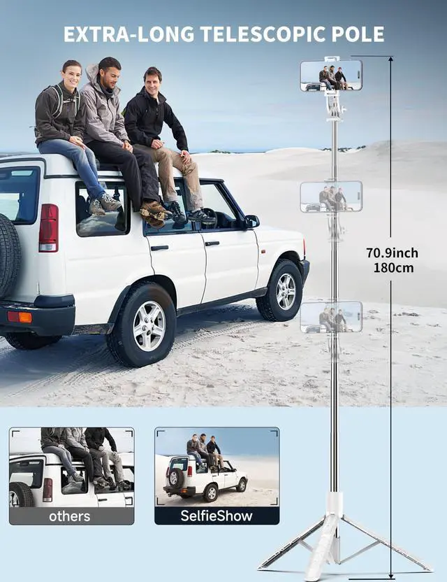 Alt view image 2 of 7 - SelfieShow 71" Cell Phone Selfie Stick & Tripod, Smartphone Stand with Remote, Extendable & Travel Compatible with iPhone 15/14/13 Pro Max Gopro Android DJI (White)
