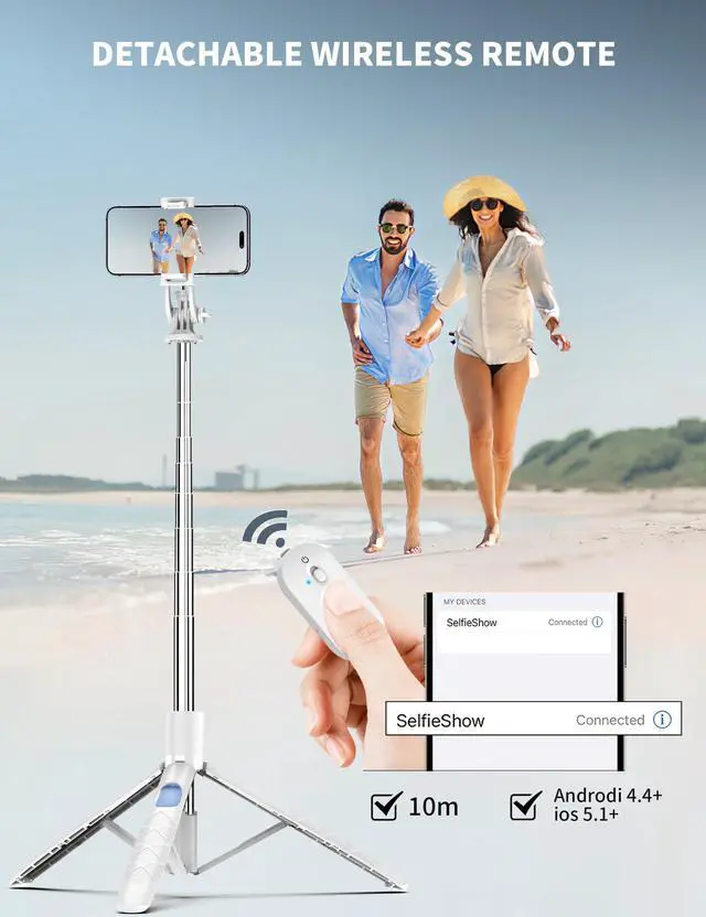 Alt view image 6 of 7 - SelfieShow 71" Cell Phone Selfie Stick & Tripod, Smartphone Stand with Remote, Extendable & Travel Compatible with iPhone 15/14/13 Pro Max Gopro Android DJI (White)