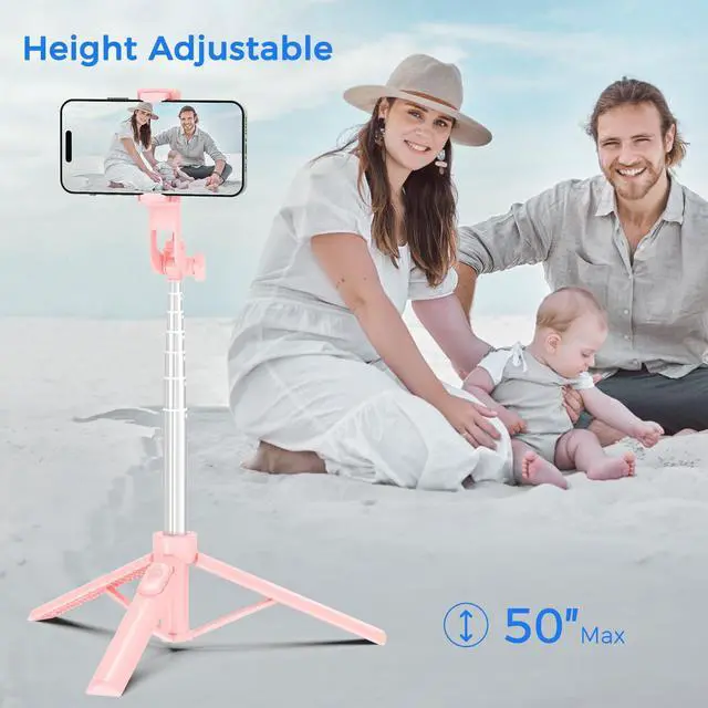 Alt view image 3 of 7 - Selfie Stick Travel Tripod for Cell Phone with Remote Control and Phone Holder, Extendable Selfie Stick for iPhone, iPhone Tripod for Video Recording, 50 Inch, Pink