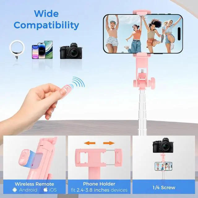 Alt view image 6 of 7 - Selfie Stick Travel Tripod for Cell Phone with Remote Control and Phone Holder, Extendable Selfie Stick for iPhone, iPhone Tripod for Video Recording, 50 Inch, Pink