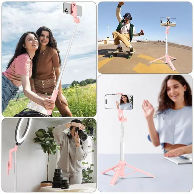 Alt view image 7 of 7 - Selfie Stick Travel Tripod for Cell Phone with Remote Control and Phone Holder, Extendable Selfie Stick for iPhone, iPhone Tripod for Video Recording, 50 Inch, Pink