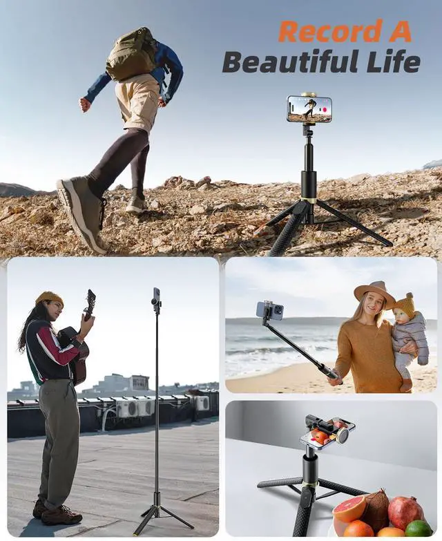 Alt view image 7 of 7 - 62" Phone Tripod & Selfie Stick, Tripod for iPhone with Remote, Portable, Lightweight Travel Stand for Selfies Video Recording Vlog, Extendable Stand Compatible with iPhone Android