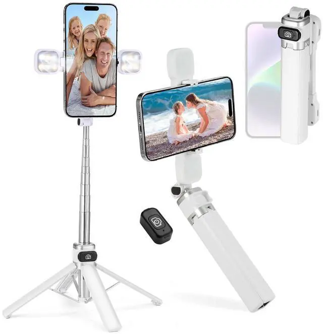 Main image of Mini Phone Tripod Stand,MQOUNY 38" Phone Tripod &Selfie Stick with Wireless Rechargeable Remote & Removable Light, Extendable Tripod Stand 360 Rotation Compatible with Phone&Android Samsung (White)
