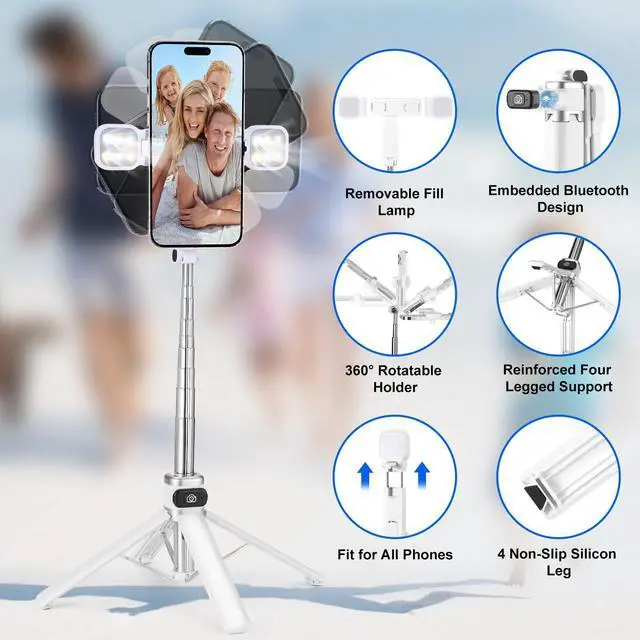 Alt view image 2 of 7 - Mini Phone Tripod Stand,MQOUNY 38" Phone Tripod &Selfie Stick with Wireless Rechargeable Remote & Removable Light, Extendable Tripod Stand 360 Rotation Compatible with Phone&Android Samsung (White)