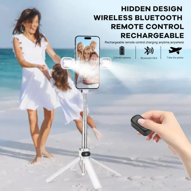 Alt view image 5 of 7 - Mini Phone Tripod Stand,MQOUNY 38" Phone Tripod &Selfie Stick with Wireless Rechargeable Remote & Removable Light, Extendable Tripod Stand 360 Rotation Compatible with Phone&Android Samsung (White)