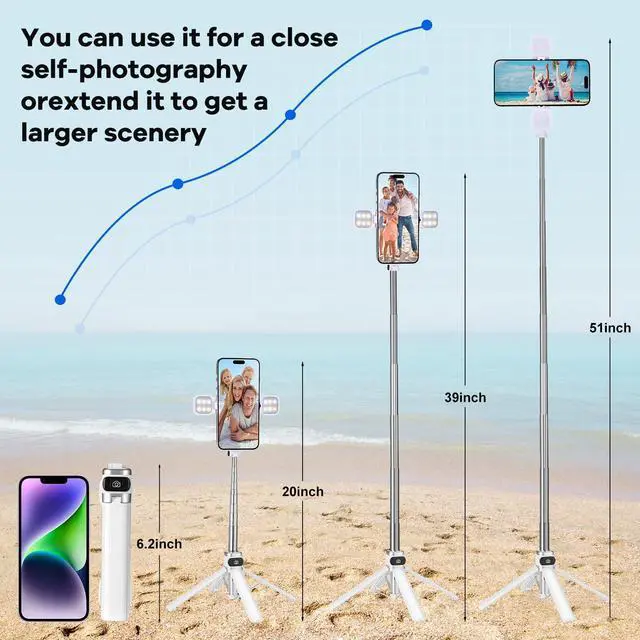 Alt view image 4 of 7 - Mini Phone Tripod Stand,MQOUNY 38" Phone Tripod &Selfie Stick with Wireless Rechargeable Remote & Removable Light, Extendable Tripod Stand 360 Rotation Compatible with Phone&Android Samsung (White)