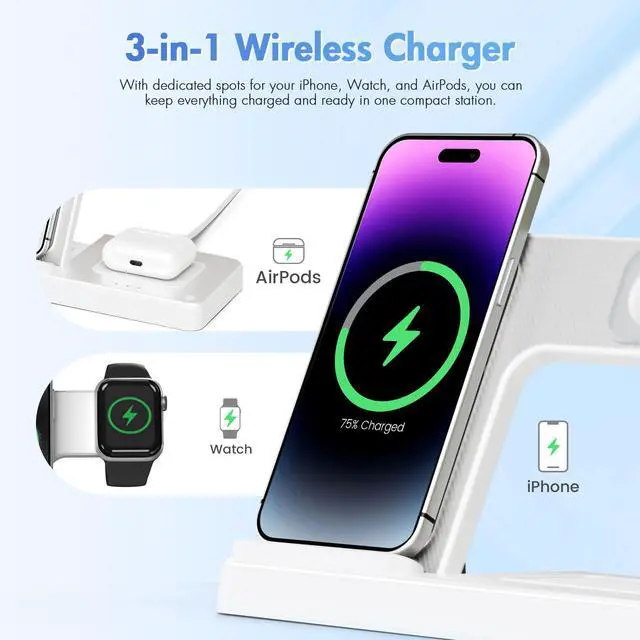 Alt view image 6 of 7 - Wireless Charger Portable Charging Station : 3in1 Qi Fast Charger Stand for iPhone 16e 16 15 14 13 12 Pro Max for Apple Watch Series 10-2 Ultra SE for AirPods Pro 4 3 2, Foldable Travel Bedside, White