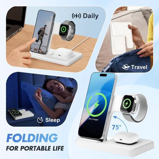 Alt view image 4 of 7 - Wireless Charger Portable Charging Station : 3in1 Qi Fast Charger Stand for iPhone 16e 16 15 14 13 12 Pro Max for Apple Watch Series 10-2 Ultra SE for AirPods Pro 4 3 2, Foldable Travel Bedside, White