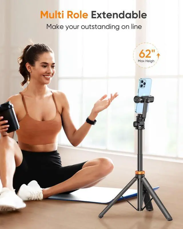 Alt view image 3 of 6 - EUCOS 62" Phone Tripod, Tripod for iPhone & Selfie Stick with Remote, Extendable Cell Phone Stand & Ultimate Phone Holder, Solidest Phone Stand Compatible with iPhone/Android