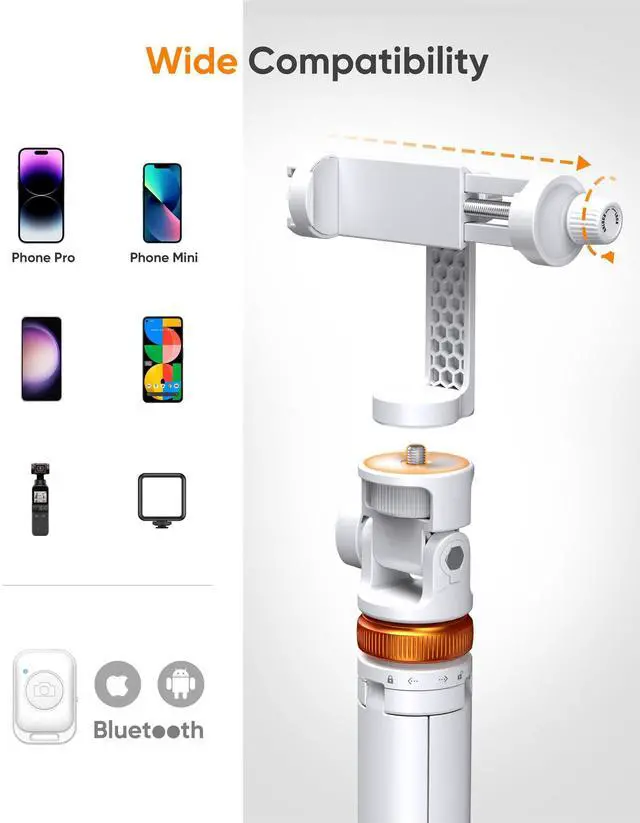 Alt view image 5 of 6 - EUCOS 62" Tripod for iPhone, Sturdy Selfie Stick Tripod with Remote & Lightweight Phone Stand, Solidest Portable Cell Phone Tripod, Compatible iPhone Pro Max/Android [White]