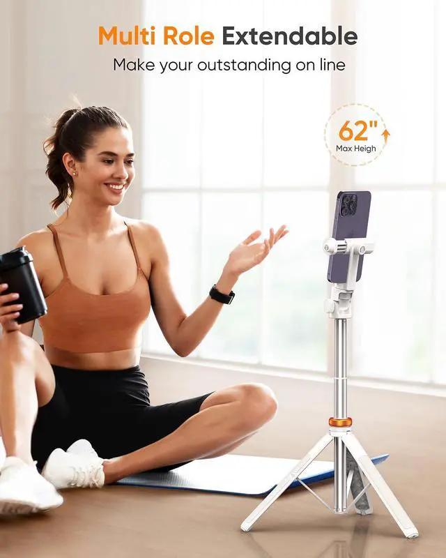Alt view image 3 of 6 - EUCOS 62" Tripod for iPhone, Sturdy Selfie Stick Tripod with Remote & Lightweight Phone Stand, Solidest Portable Cell Phone Tripod, Compatible iPhone Pro Max/Android [White]