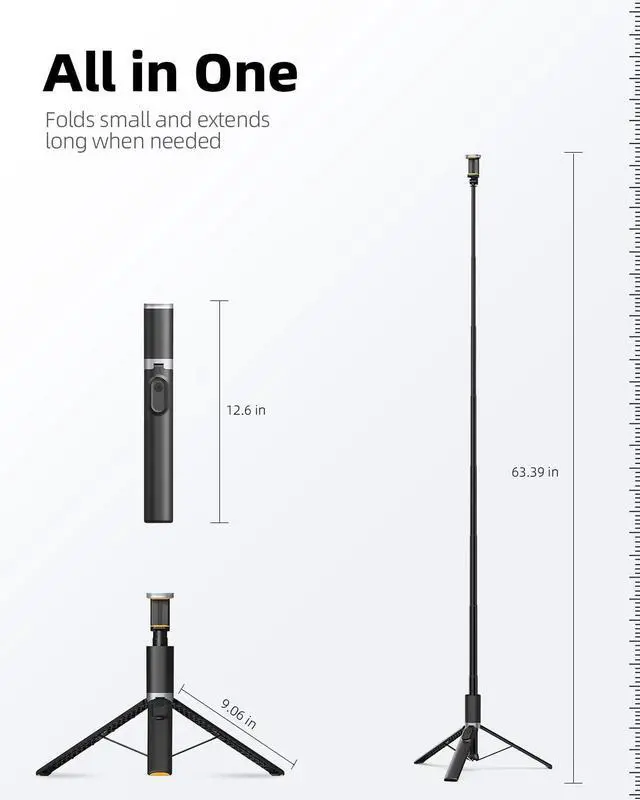 Alt view image 7 of 7 - TODI 63" Cell Phone Selfie Stick Tripod, Portable Tripod for iPhone with Wireless Remote, Extendable Smartphone Stand, All-in-1, Compatible with iPhone/Android