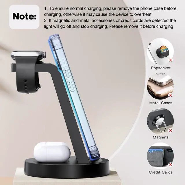 Alt view image 3 of 6 - 3 in 1 Charging Station for iPhone, Wireless Charger for iPhone 16e 16 15 14 13 12 11 X Pro Max & Apple Watch - Wireless Charging Station for AirPods 4 3 Pro