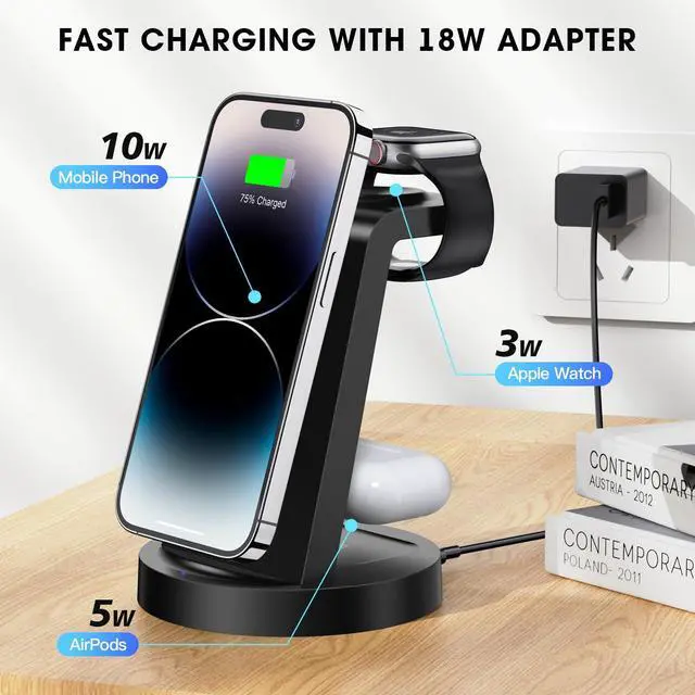 Alt view image 4 of 6 - 3 in 1 Charging Station for iPhone, Wireless Charger for iPhone 16e 16 15 14 13 12 11 X Pro Max & Apple Watch - Wireless Charging Station for AirPods 4 3 Pro