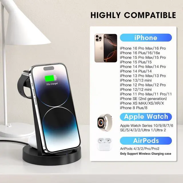 Alt view image 5 of 6 - 3 in 1 Charging Station for iPhone, Wireless Charger for iPhone 16e 16 15 14 13 12 11 X Pro Max & Apple Watch - Wireless Charging Station for AirPods 4 3 Pro