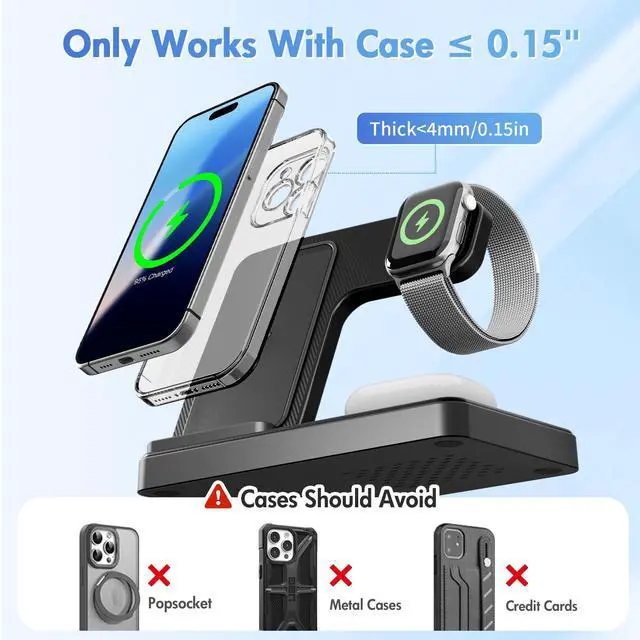 Alt view image 3 of 7 - Wireless Charger Travel Charging Station: 3 in 1 Charger Stand Multiple Devices - for iPhone 16e 16 15 14 13 12 Pro Max - for Apple Watch and AirPods Ultra Series - Desk Nightstand Bedside, Black