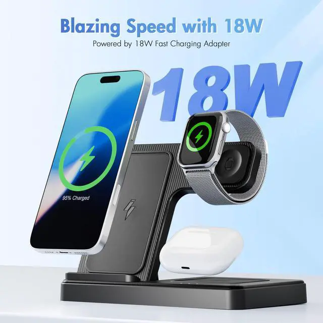 Alt view image 5 of 7 - Wireless Charger Travel Charging Station: 3 in 1 Charger Stand Multiple Devices - for iPhone 16e 16 15 14 13 12 Pro Max - for Apple Watch and AirPods Ultra Series - Desk Nightstand Bedside, Black
