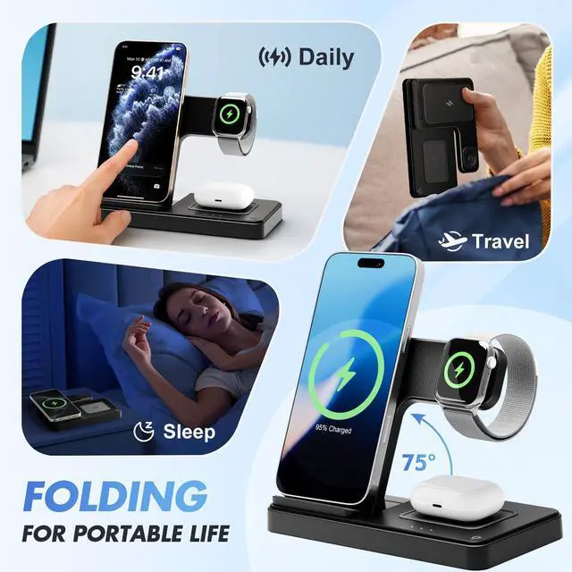 Alt view image 4 of 7 - Wireless Charger Travel Charging Station: 3 in 1 Charger Stand Multiple Devices - for iPhone 16e 16 15 14 13 12 Pro Max - for Apple Watch and AirPods Ultra Series - Desk Nightstand Bedside, Black