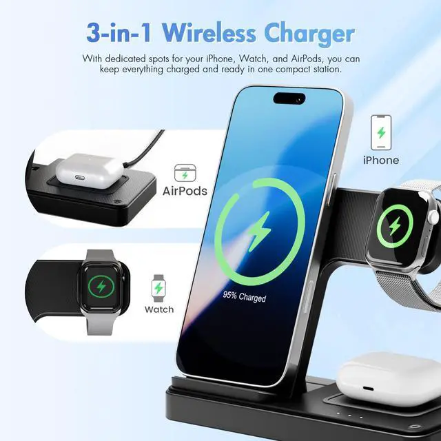 Alt view image 6 of 7 - Wireless Charger Travel Charging Station: 3 in 1 Charger Stand Multiple Devices - for iPhone 16e 16 15 14 13 12 Pro Max - for Apple Watch and AirPods Ultra Series - Desk Nightstand Bedside, Black