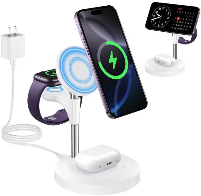 Main image of Aeinidi 3 in 1 Wireless Charging Station for Multiple Devices Apple, 15W Fast Magnetic Mag-Safe Charger Stand for iPhone 16 15 14 13 12 Pro Max Plus Mini Apple Watch AirPods Pro 4 3 2, White