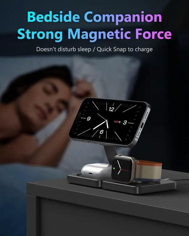Alt view image 6 of 6 - Trendy 3 in 1 Travel Charging Station for Apple Devices, Foldable Magnetic Wireless Charger Stand Compatible with MagSafe, Fast Wireless Charging Pad for iPhone 16/15/14/13/12 & AirPods & Apple Watch