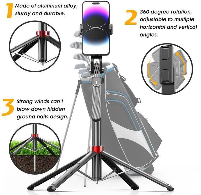 Alt view image 2 of 7 - 70" Phone Tripod & Selfie Stick for Golf Swing, Extendable Cell Phone Tripod Stand with Ground Stakes, Wireless Remote and Phone Holder, Golf Training Aid -Compatible with iPhone Android Phone, Camera