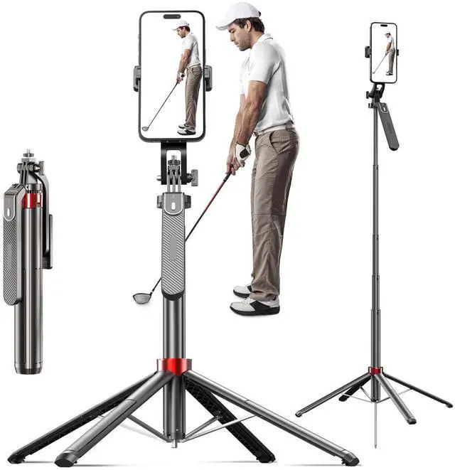 Main image of 70" Phone Tripod & Selfie Stick for Golf Swing, Extendable Cell Phone Tripod Stand with Ground Stakes, Wireless Remote and Phone Holder, Golf Training Aid -Compatible with iPhone Android Phone, Camera
