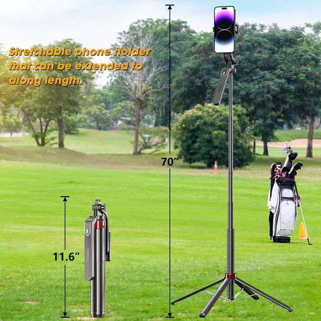 Alt view image 4 of 7 - 70" Phone Tripod & Selfie Stick for Golf Swing, Extendable Cell Phone Tripod Stand with Ground Stakes, Wireless Remote and Phone Holder, Golf Training Aid -Compatible with iPhone Android Phone, Camera