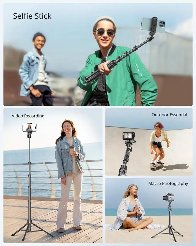 Alt view image 4 of 6 - SENSYNE 62" Phone Tripod & Selfie Stick, Extendable Cell Phone Tripod Stand with Wireless Remote and Phone Holder, Compatible with iPhone Android Phone, Camera