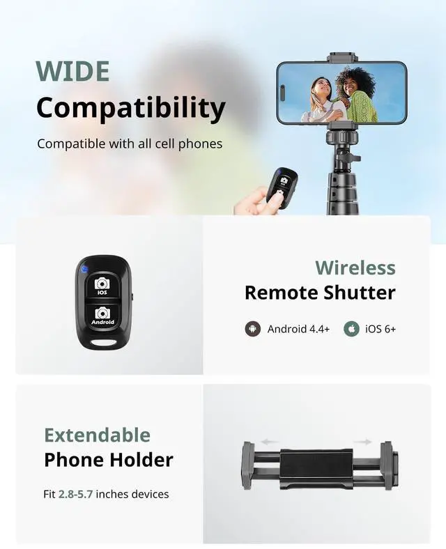Alt view image 6 of 6 - SENSYNE 62" Phone Tripod & Selfie Stick, Extendable Cell Phone Tripod Stand with Wireless Remote and Phone Holder, Compatible with iPhone Android Phone, Camera