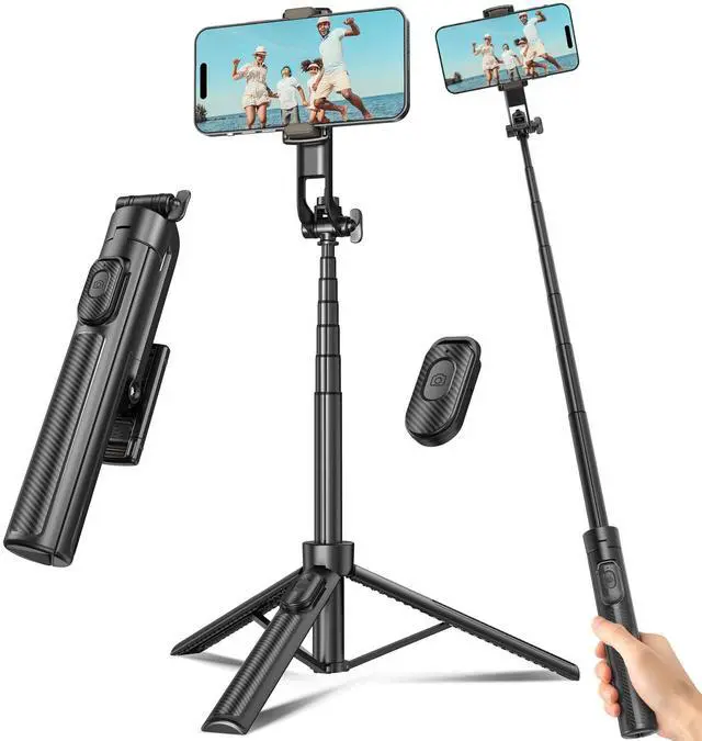 Main image of Selfie Stick Travel Tripod for Cell Phone with Remote Control and Phone Holder, Extendable Selfie Stick for iPhone, iPhone Tripod for Video Recording, 50 Inch, Black