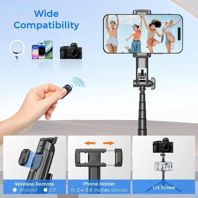 Alt view image 6 of 7 - Selfie Stick Travel Tripod for Cell Phone with Remote Control and Phone Holder, Extendable Selfie Stick for iPhone, iPhone Tripod for Video Recording, 50 Inch, Black